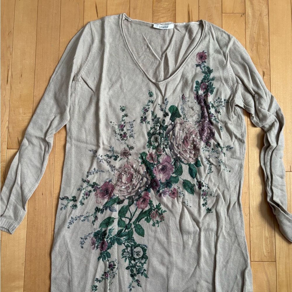 LuckyLu European Fashion Brand Beige Floral Long Sleeve Top
